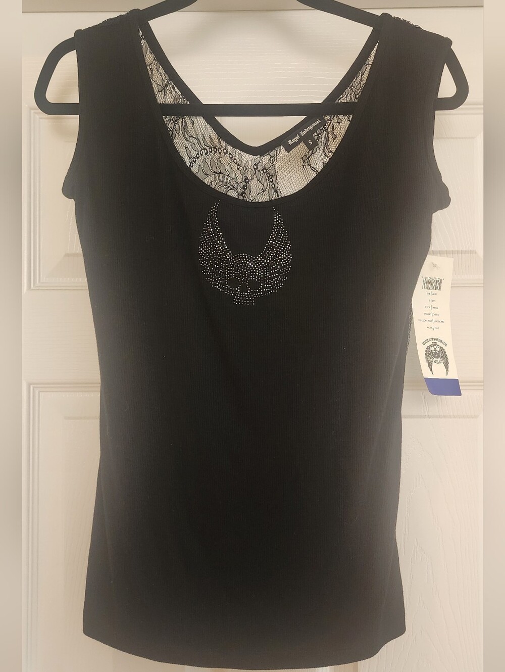 Royal Underground Black Lace-Back Tank with Rhinestone Scull Design S